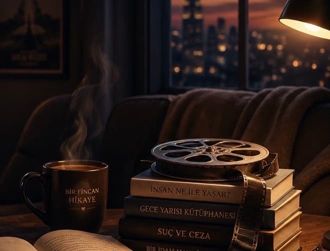 Masadan bir kare — kitaplar, film makarası ve bir fincan hikâye