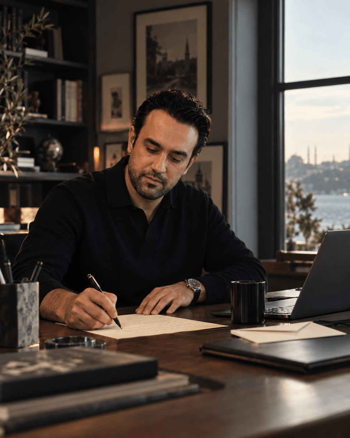 Ediz Kentkuran çalışma masasında mektup yazarken
